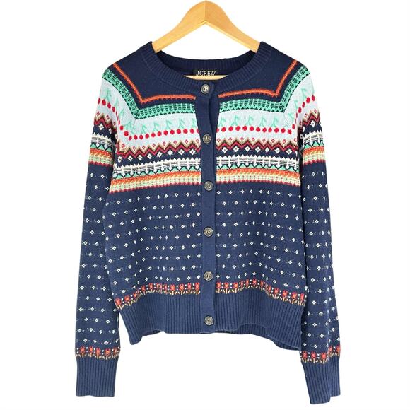 J. CREW Fair Isle Birdseye Cherry Lambswool-Blend Navy Blue Cardigan Size L - Picture 1 of 9